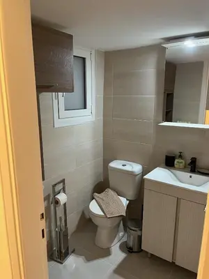 a small bathroom with a toilet and a sink at Delightful 2BR Apt in the Heart of Kypseli! in Athens