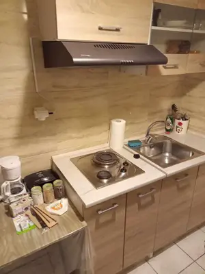 a small kitchen with a sink and a stove at Athens-Koukaki in Athens