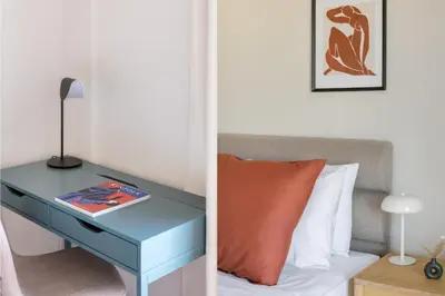 a bedroom with a blue desk next to a bed at Comfortable 3BR Family Residence in Agia Paraskevi by UPSTREET in Athens