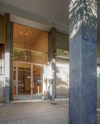 a dog is sitting outside of a building at Newly Renovated 2-Bedroom Condo In Athens ! in Athens