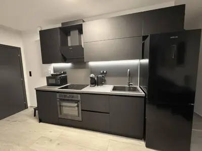a kitchen with a sink and a black refrigerator at Modern Apartment with Free Parking and 300Mbps Internet in Athens