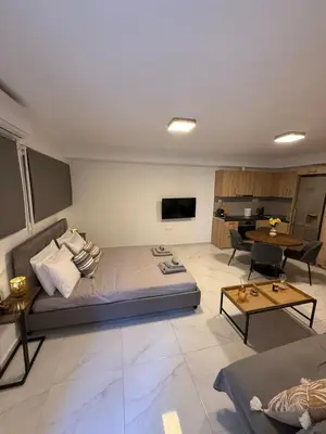 a room with a bed and a couch and a table at Prime apartment in Athens