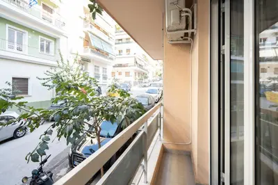 a balcony with a view of a city street at Modern Studio, Walking distance to Kolonaki & The Ilisian in Athens