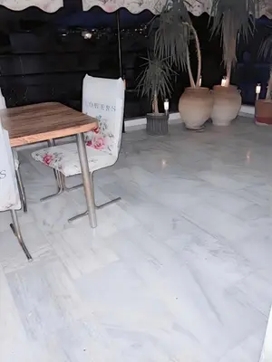 a table and a chair on a floor with plants at Chateau Lykabettus in Athens