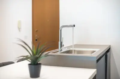 a kitchen sink with a potted plant next to it at City Vibes Stylish 2BR and a Stunning Balcony in Athens