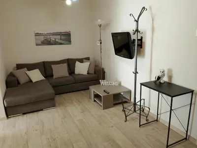 a living room with a couch and a tv at Patisia Metro Station 2 bdrm apartment by MPS in Athens