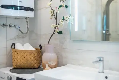 a bathroom with a sink and a vase with a plant at Spacious Athens Apt Large Balcony 200m to Metro in Athens
