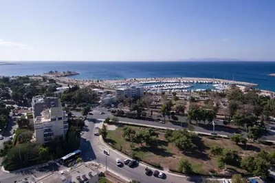 an aerial view of a city with a marina at Seclusion, Privacy and 2 bedroom Luxury in Glyfada in Athens