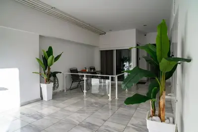 a living room with a table and potted plants at Premium Athenian District Urban Studio in Athens