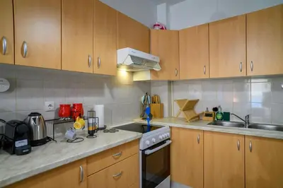 a kitchen with wooden cabinets and a sink and a stove at Premium Athenian District Urban 1 bedroom flat C in Athens