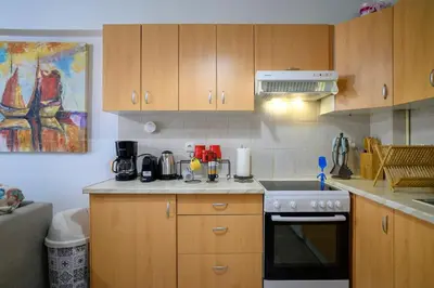 a kitchen with wooden cabinets and a stove top oven at Premium Athenian District Urban 1 bedroom flat C in Athens
