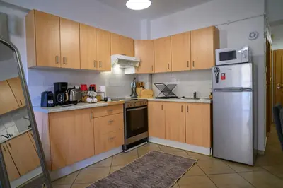 a kitchen with wooden cabinets and a white refrigerator at Premium Athenian District Urban 1 bedroom Flat D in Athens