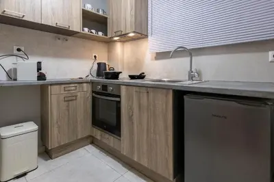 a kitchen with wooden cabinets and a sink and a dishwasher at Zen Athens City Center in Athens