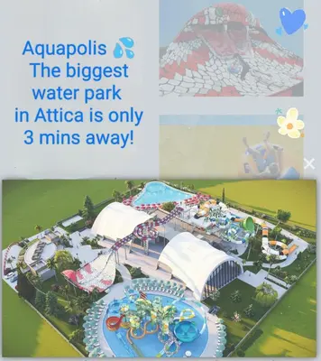 a collage of two pictures of a water park at Luxury apt near the airport N2 in Spáta