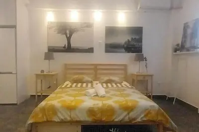 a bedroom with a bed with oranges on it at Central Studio in Athens lower Pangrati 650m Evangelismo Metro in Athens