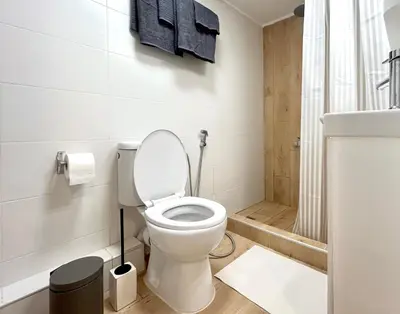a white bathroom with a toilet and a shower at Embassy studio in Athens