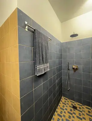 a bathroom with a shower with blue tiles at Casa al Museo in Athens