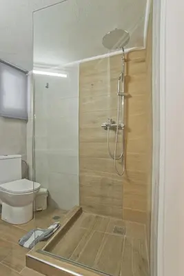 a bathroom with a shower and a toilet at Pinelopi Spotless 2 BR Renovated Apt Athens Center in Athens
