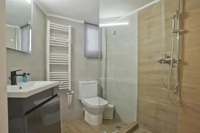a bathroom with a toilet and a sink and a shower at Pinelopi Spotless 2 BR Renovated Apt Athens Center in Athens