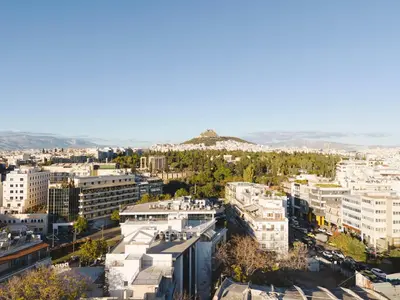 an aerial view of a city with buildings at Tyto Alba Habitat in Athens