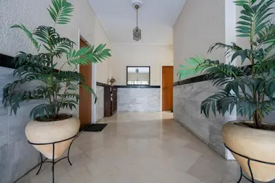 a hallway with two large plants in large pots at LIV - Captivating Apartment in Pagrati in Athens