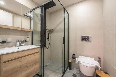 a bathroom with a shower and a toilet and a sink at Affordable Luxury with parking 300Mbps wifi in Athens