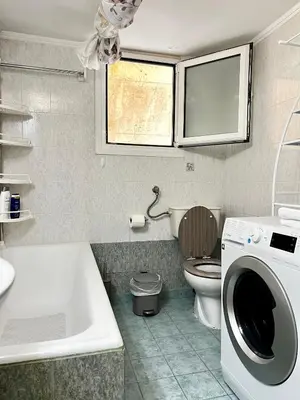 a bathroom with a washing machine and a toilet at Carones apartment in Athens