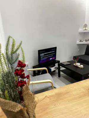 a living room with a couch and a tv at MMs house at Mikrolimano in Piraeus