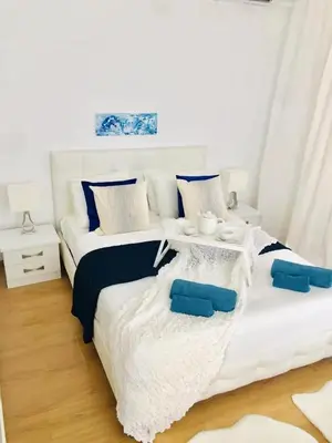 two beds with blue and white pillows in a room at \u4f18\u5f02\u7684\u5730\u94c1\u65c1\u516c\u5bd3 in Athens