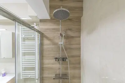 a shower in a bathroom with a wall at Golden Studio 47sm in Athens Central Pangrati 1km Metro Evangelismos in Athens