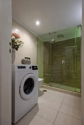 a washing machine in a bathroom with a shower at Blue Ark Harmony Residence in Athens