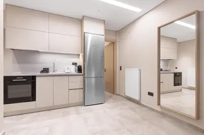 a kitchen with a stainless steel refrigerator and a mirror at Phaedrus Living Athens Luxury Residences Aurora in Athens