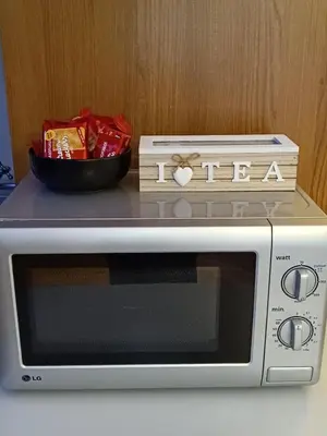 a microwave with a bowl of snacks on top of it at Plaka Hideaway Suite in Athens