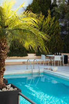 a swimming pool with a table and a palm tree at Serena Calm Pool House in Athens