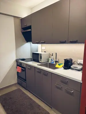 a kitchen with a sink and a microwave at Minimal 2bd apartment in Thisio in Athens