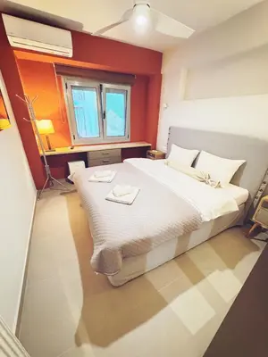 a bedroom with a large bed and a window at Minimal 2bd apartment in Thisio in Athens