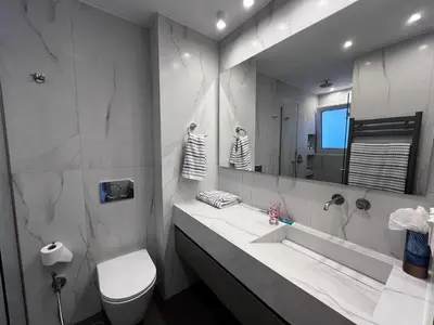 a bathroom with a toilet and a large mirror at Stunning View Zeas Marina - 2 bedrooms in Piraeus