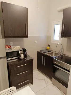 a kitchen with brown cabinets and a sink at Koukaki Hideaway Suite in Athens