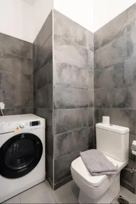 a bathroom with a toilet and a washing machine at Koukaki Hideaway Suite in Athens