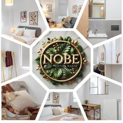 a collage of photos of a room with a nope restaurant sign at Nobe Acropolis Suite in Athens
