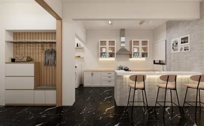 a kitchen with white cabinets and bar stools at The Acropolis Penthouse in Athens