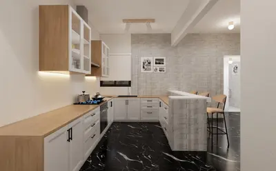 a kitchen with white cabinets and a black floor at The Acropolis Penthouse in Athens