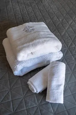 two white towels sitting on top of a bed at Glyfada center seaview B in Athens