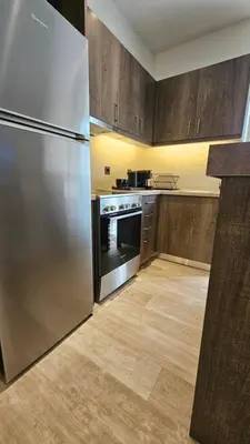 a kitchen with a stainless steel refrigerator and wooden cabinets at Mark1 by Apollo in Markopoulo