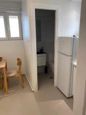 a kitchen with a refrigerator and a table and a chair at ErexthionDiony2Apartments in Athens