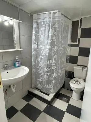 a bathroom with a shower curtain and a toilet at Nikea apartment near Pireus port and metro st III in Piraeus