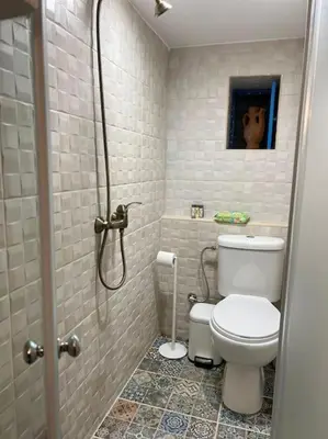 a small bathroom with a toilet and a shower at Akropole 700 m Koukaki Merkez in Athens