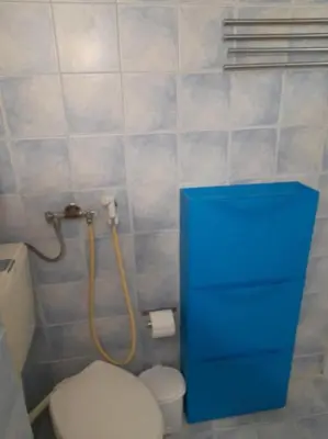 a small bathroom with a toilet and a shower at Φιλόξενο studio στο Γαλάτσι in Athens