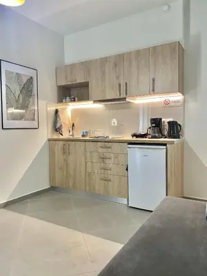 a kitchen with wooden cabinets and a white refrigerator at ATHENIAN Vibes in Athens
