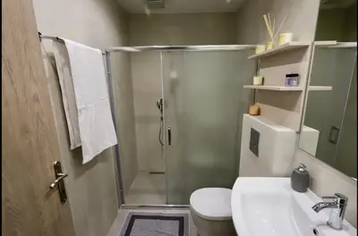 a bathroom with a shower and a toilet and a sink at Elaion guest house in Athens